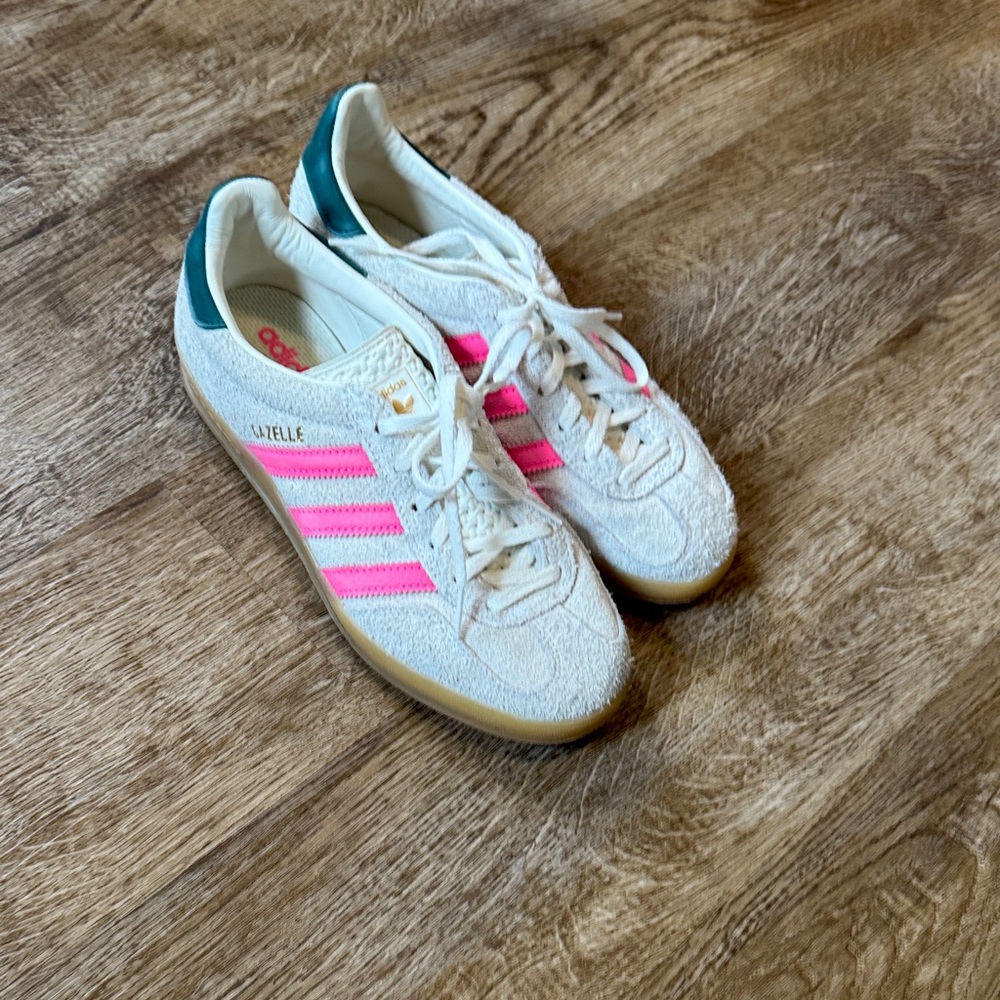 Adidas White Sneakers with Pink Stripes